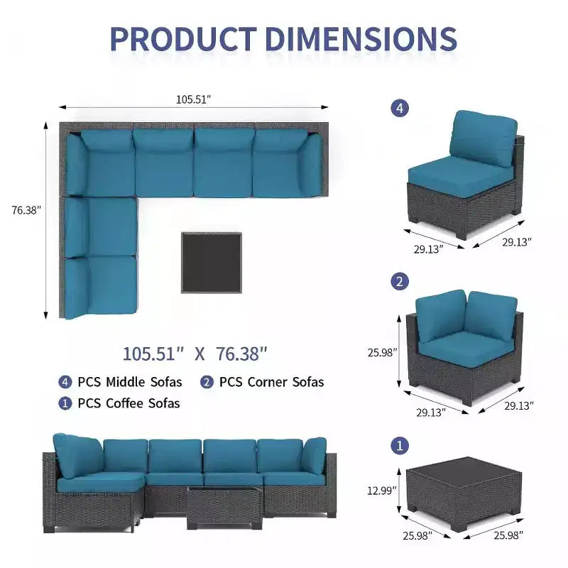 Patio Furniture Set 7 Pieces Outdoor Rattan with Detachable Soft Cushions Patio Conversation Sets Waterproof Patio Sectional Sofa with Glass Top Table