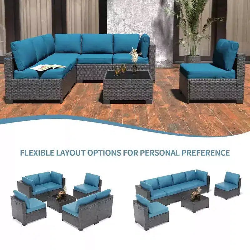 Patio Furniture Set 7 Pieces Outdoor Rattan with Detachable Soft Cushions Patio Conversation Sets Waterproof Patio Sectional Sofa with Glass Top Table