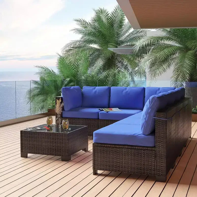 Patio Furniture Set 7 Pieces Outdoor Rattan with Detachable Soft Cushions Patio Conversation Sets Waterproof Patio Sectional Sofa with Glass Top Table