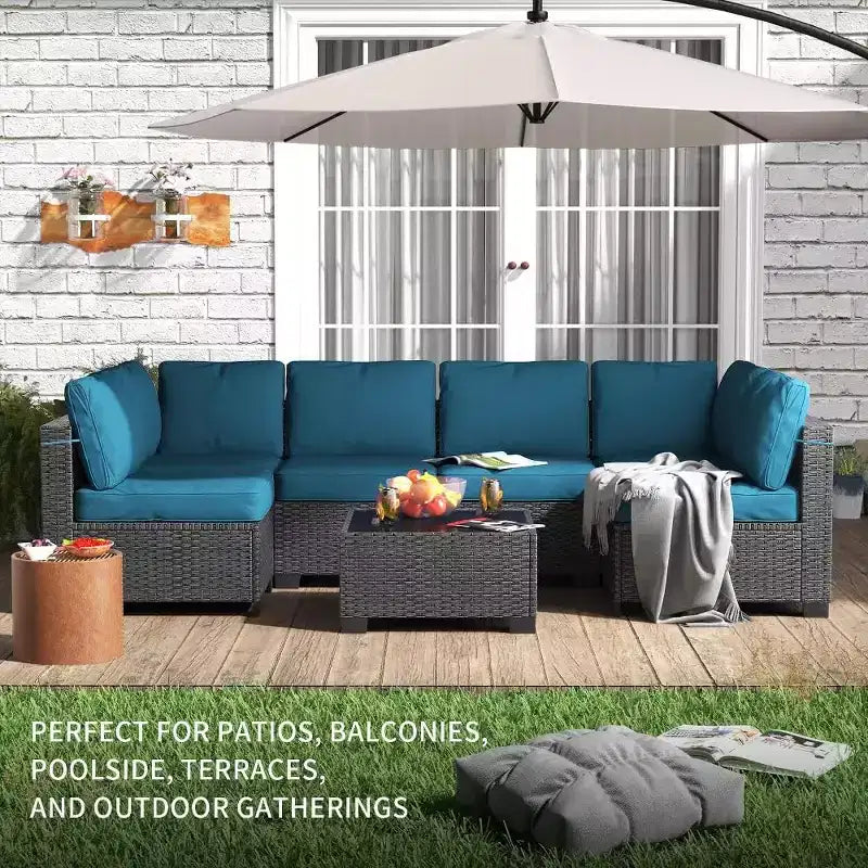 Patio Furniture Set 7 Pieces Outdoor Rattan with Detachable Soft Cushions Patio Conversation Sets Waterproof Patio Sectional Sofa with Glass Top Table