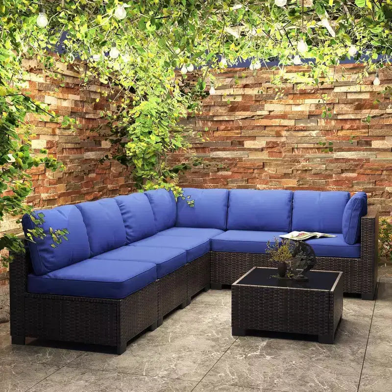 Patio Furniture Set 7 Pieces Outdoor Rattan with Detachable Soft Cushions Patio Conversation Sets Waterproof Patio Sectional Sofa with Glass Top Table