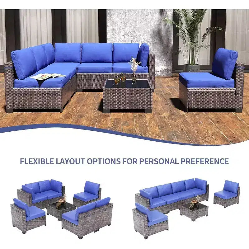 Patio Furniture Set 7 Pieces Outdoor Rattan with Detachable Soft Cushions Patio Conversation Sets Waterproof Patio Sectional Sofa with Glass Top Table
