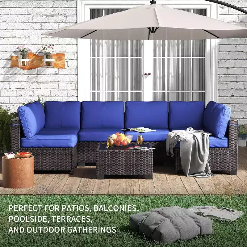 Patio Furniture Set 7 Pieces Outdoor Rattan with Detachable Soft Cushions Patio Conversation Sets Waterproof Patio Sectional Sofa with Glass Top Table