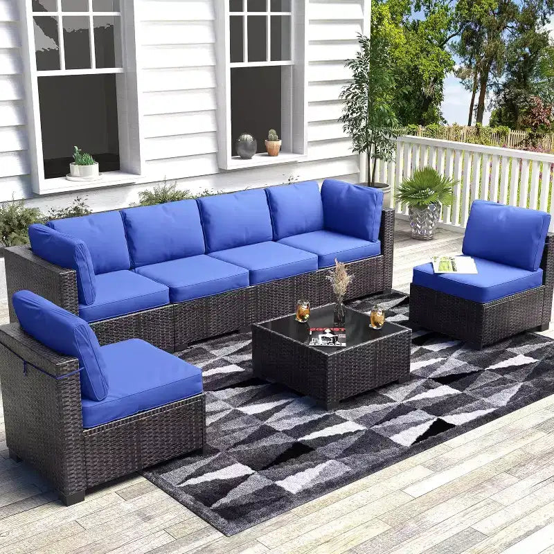 Patio Furniture Set 7 Pieces Outdoor Rattan with Detachable Soft Cushions Patio Conversation Sets Waterproof Patio Sectional Sofa with Glass Top Table