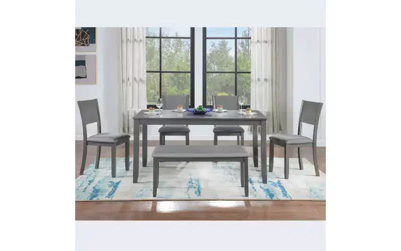 Zevemomo 6-Piece Wooden Dining Table Set, Includes Dining Table, 4 Upholstered Chairs & 1 Bench, Dining Table with Wood Legs,Grey