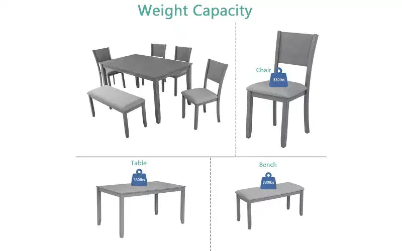 Zevemomo 6-Piece Wooden Dining Table Set, Includes Dining Table, 4 Upholstered Chairs & 1 Bench, Dining Table with Wood Legs,Grey