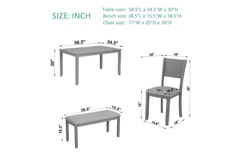 Zevemomo 6-Piece Wooden Dining Table Set, Includes Dining Table, 4 Upholstered Chairs & 1 Bench, Dining Table with Wood Legs,Grey