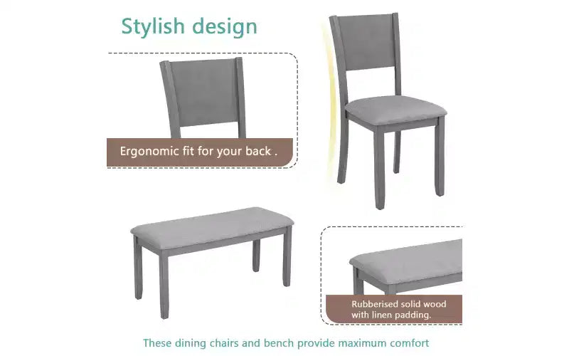 Zevemomo 6-Piece Wooden Dining Table Set, Includes Dining Table, 4 Upholstered Chairs & 1 Bench, Dining Table with Wood Legs,Grey