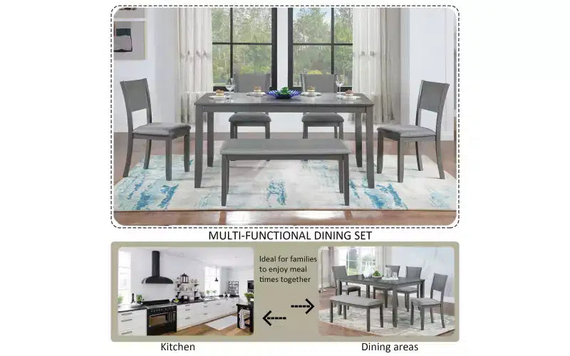 Zevemomo 6-Piece Wooden Dining Table Set, Includes Dining Table, 4 Upholstered Chairs & 1 Bench, Dining Table with Wood Legs,Grey