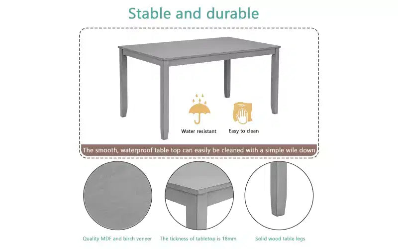 Zevemomo 6-Piece Wooden Dining Table Set, Includes Dining Table, 4 Upholstered Chairs & 1 Bench, Dining Table with Wood Legs,Grey