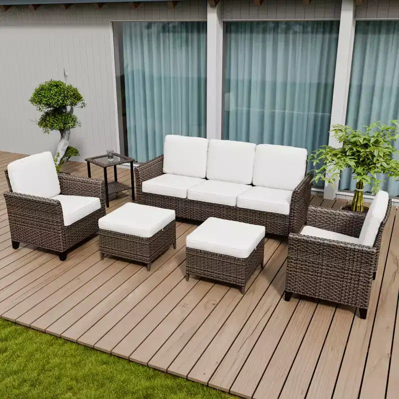EAGLE PEAK Ocean Vista 6 piece Patio Variated Brown Wicker Sofa Set Dining Chairs, 3-Seat Sofa
