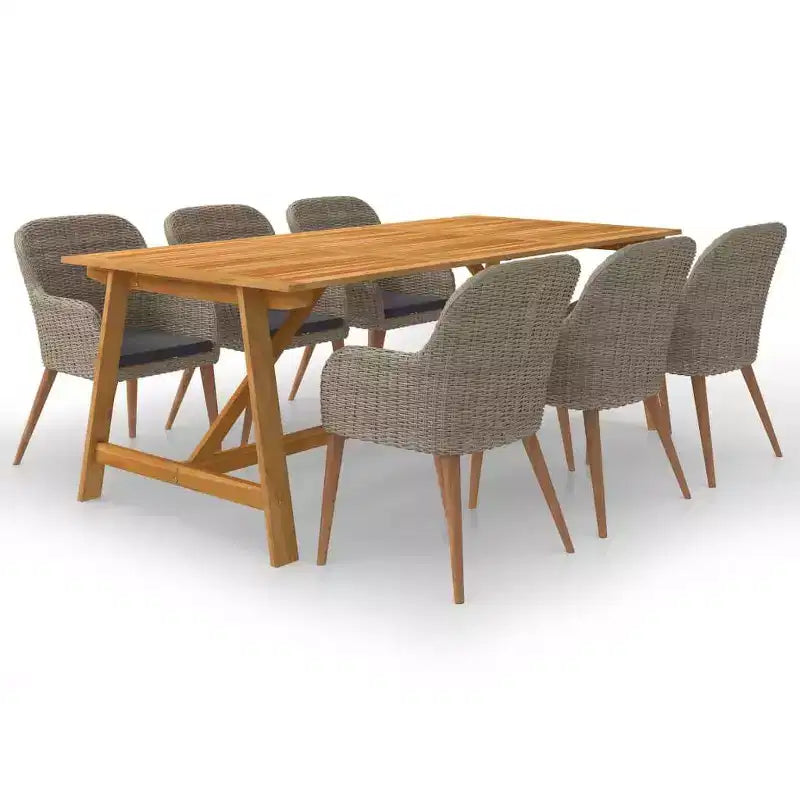 vidaXL Salon de jardin 7 pièces - Bois d'acacia massif et chaises en résine tressée, Coussins gris foncé, Résistant aux intempéries, Confortable et facile d'entretien