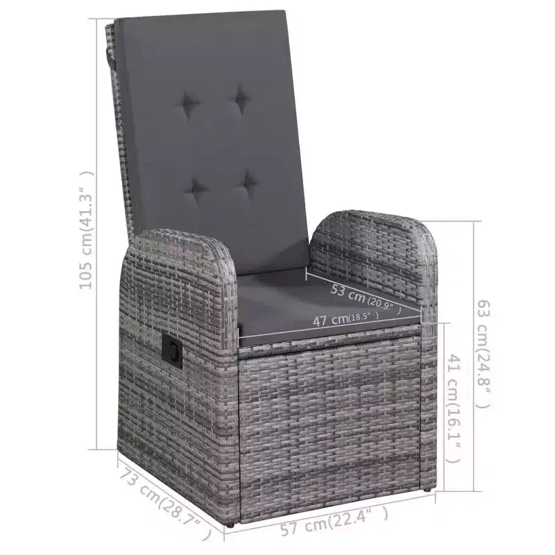 vidaXL 7-Piece Patio Dining Set - Gray PE Rattan Outdoor Furniture Set with Reclining Chairs, Thickly-Padded Cushions, Solid Acacia Wood Table