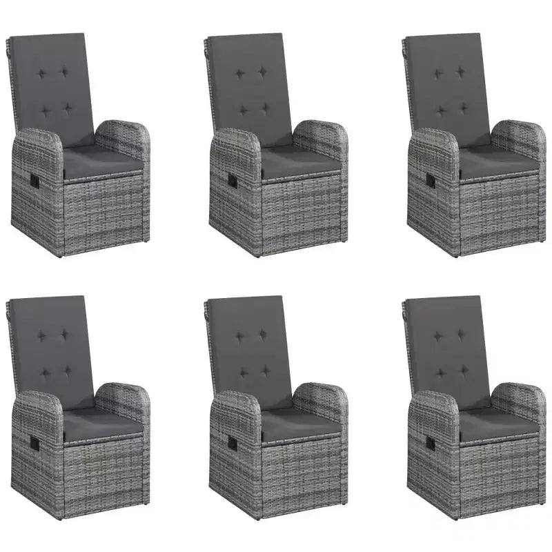 vidaXL 7-Piece Patio Dining Set - Gray PE Rattan Outdoor Furniture Set with Reclining Chairs, Thickly-Padded Cushions, Solid Acacia Wood Table
