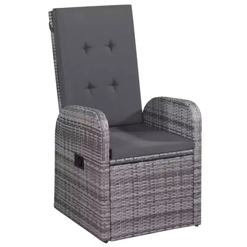 vidaXL 7-Piece Patio Dining Set - Gray PE Rattan Outdoor Furniture Set with Reclining Chairs, Thickly-Padded Cushions, Solid Acacia Wood Table