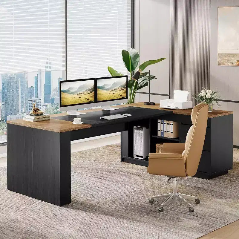 Lantine 78 L Shaped Executive Desk with Drawers, Computer Desk with Cabinet, Business Furniture Sets Workstation for Home Office