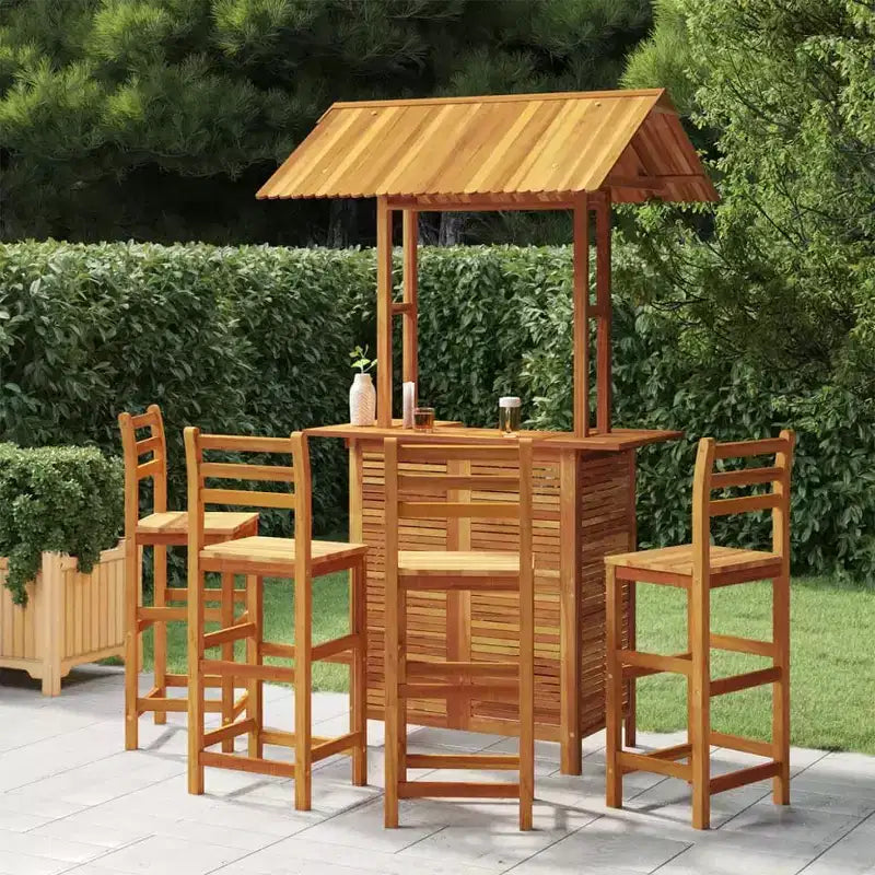 vidaXL 5-Piece Acacia Wood Patio Bar Set  High-Top Outdoor Table with Rooftop and 4 Stools for Garden, Terrace, Brown Finish