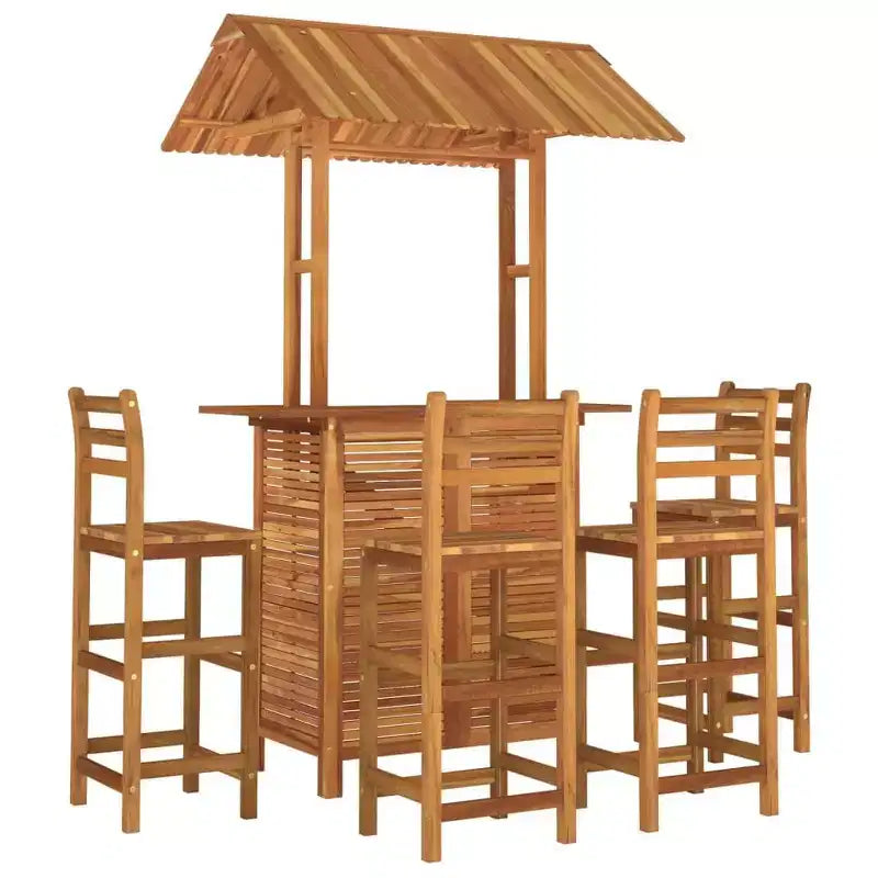 vidaXL 5-Piece Acacia Wood Patio Bar Set  High-Top Outdoor Table with Rooftop and 4 Stools for Garden, Terrace, Brown Finish