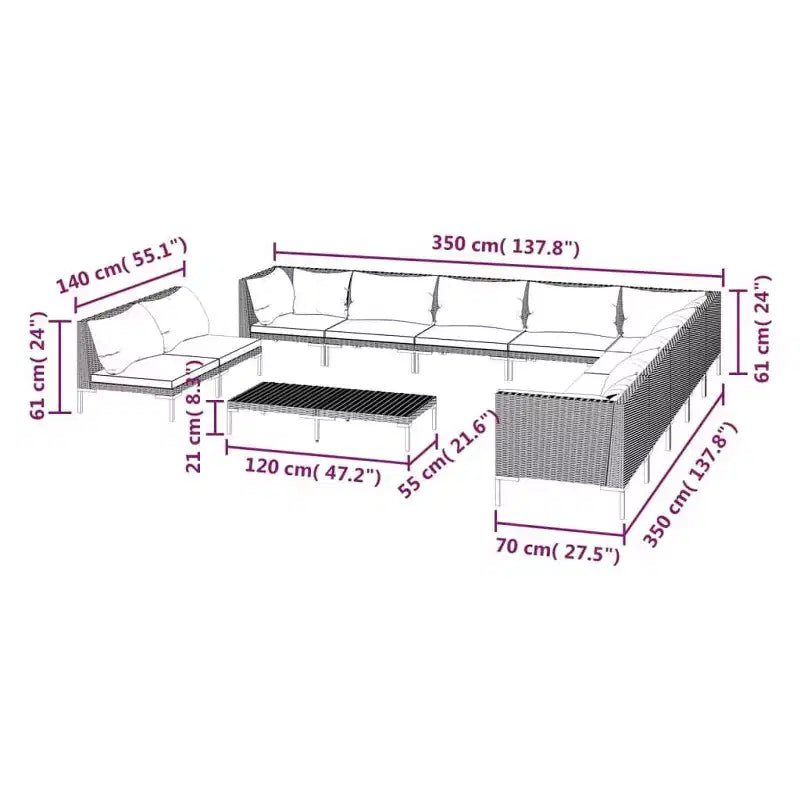 vidaXL Patio Lounge Set Outdoor Sectional Sofa 12 Piece Poly Rattan Dark Gray with Cushions - Perfect for Garden, Deck, or Patio