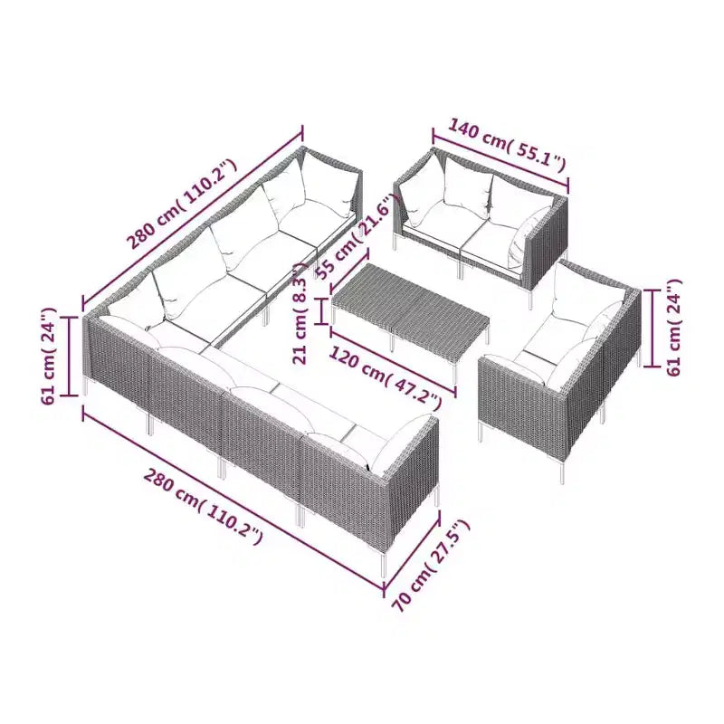 vidaXL Patio Lounge Set Outdoor Sectional Corner Sofa Poly Rattan Dark Grey