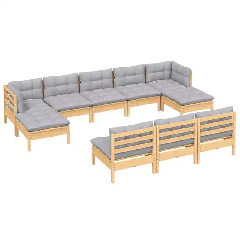 vidaXL Solid Pinewood Patio Lounge Set 10 Piece with Cushions - Brown and Gray
