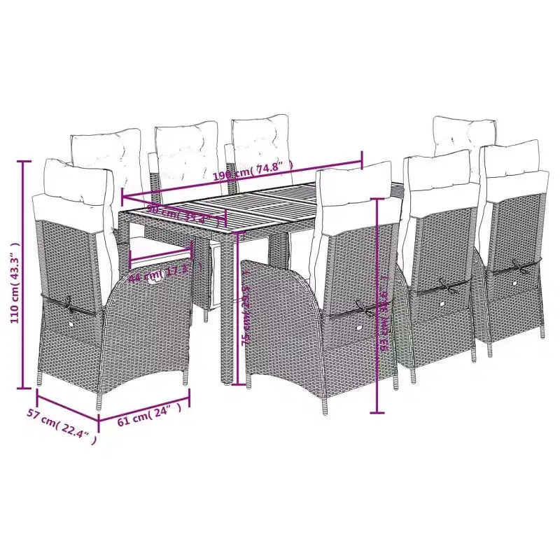 vidaXL 9 Piece Patio Dining Set - Cushion Seating/PE Rattan & Acacia Wood Table/Adjustable Reclining Chairs/Gray/Outdoor Patio Garden Furniture