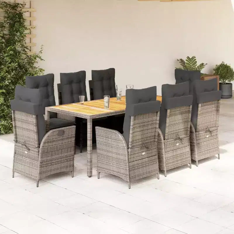 vidaXL 9 Piece Patio Dining Set - Cushion Seating/PE Rattan & Acacia Wood Table/Adjustable Reclining Chairs/Gray/Outdoor Patio Garden Furniture