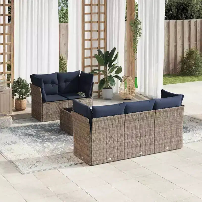 vidaXL 6 Piece Patio Sofa Set with Cushions Gray and Navy Blue Poly Rattan