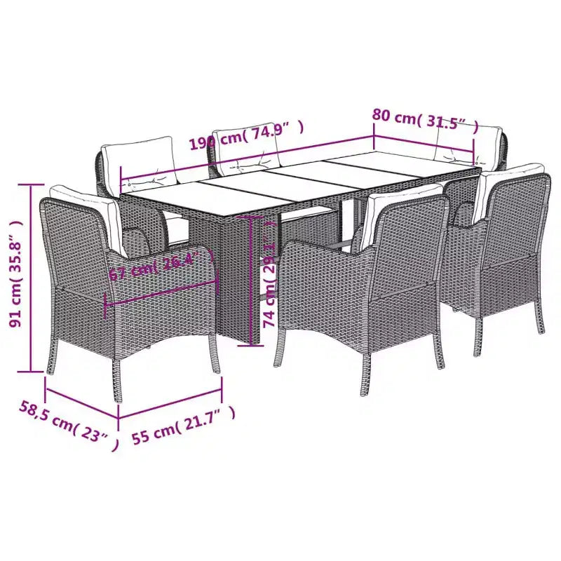 vidaXL 7-Piece Patio Dining Set - Outdoor Gray Poly Rattan Garden Chairs with Navy Cushions, Tempered Glass Tabletop