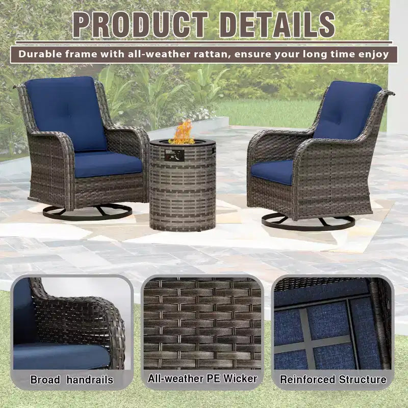 UPTIOT 3-Piece Wicker Outdoor Seating Group with Fire Pit