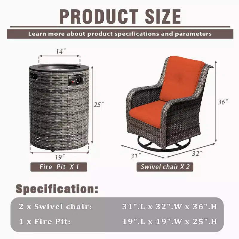 UPTIOT 3-Piece Wicker Outdoor Seating Group with Fire Pit