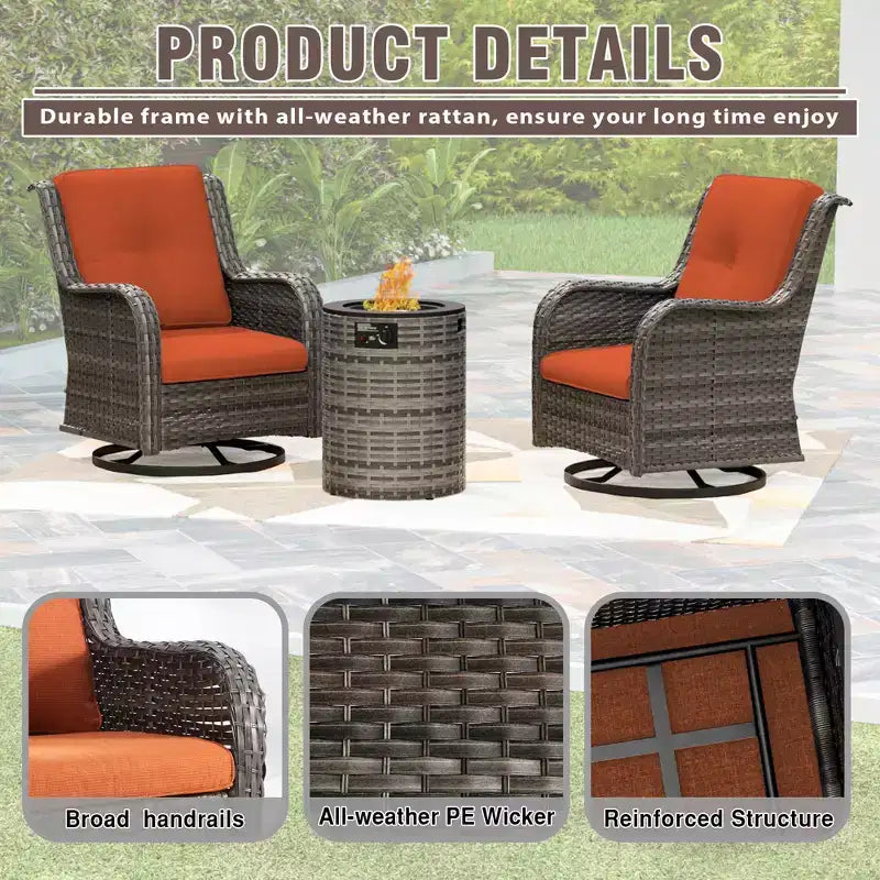 UPTIOT 3-Piece Wicker Outdoor Seating Group with Fire Pit