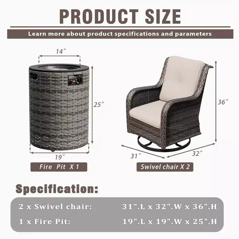 UPTIOT 3-Piece Wicker Outdoor Seating Group with Fire Pit