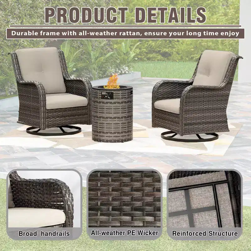 UPTIOT 3-Piece Wicker Outdoor Seating Group with Fire Pit