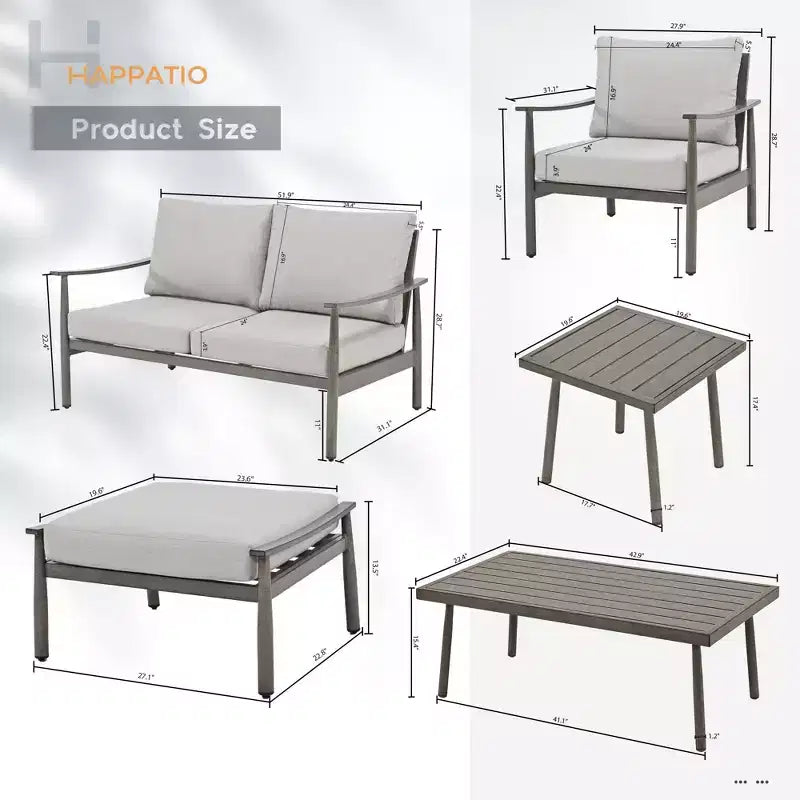 HAPPATIO 7 Pieces Aluminum Outdoor Conversation Set Includes 1 Loveseat, Coffee Table, Side Table, 2 Armchairs and Ottomans