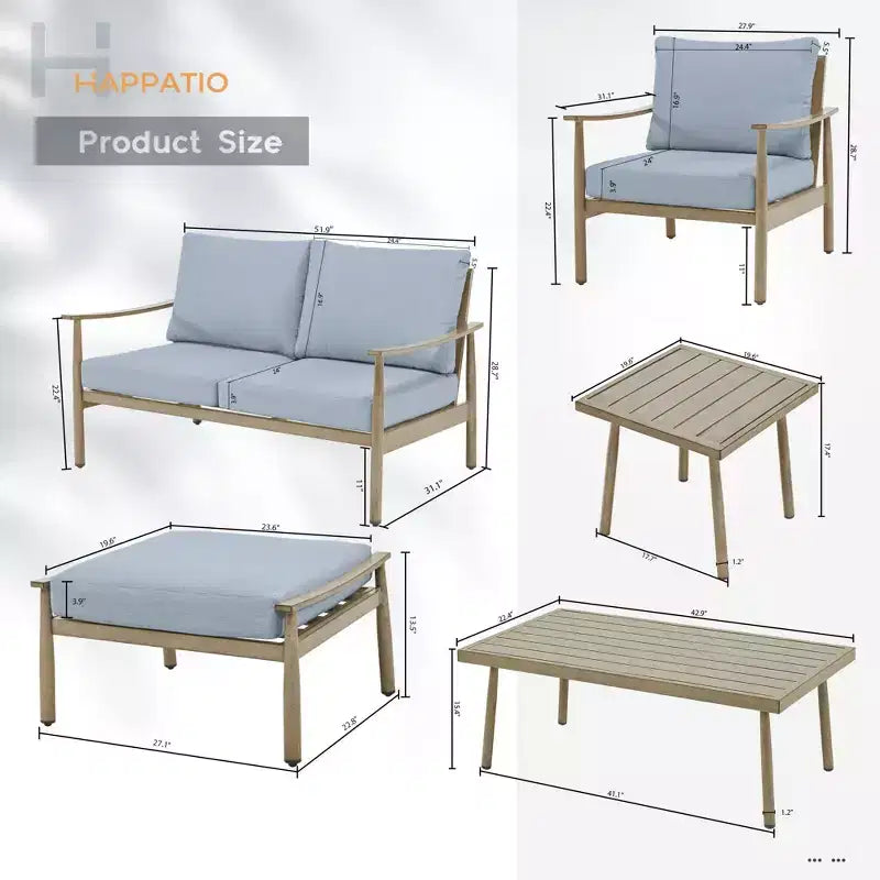 HAPPATIO 7 Pieces Aluminum Outdoor Conversation Set Includes 1 Loveseat, Coffee Table, Side Table, 2 Armchairs and Ottomans