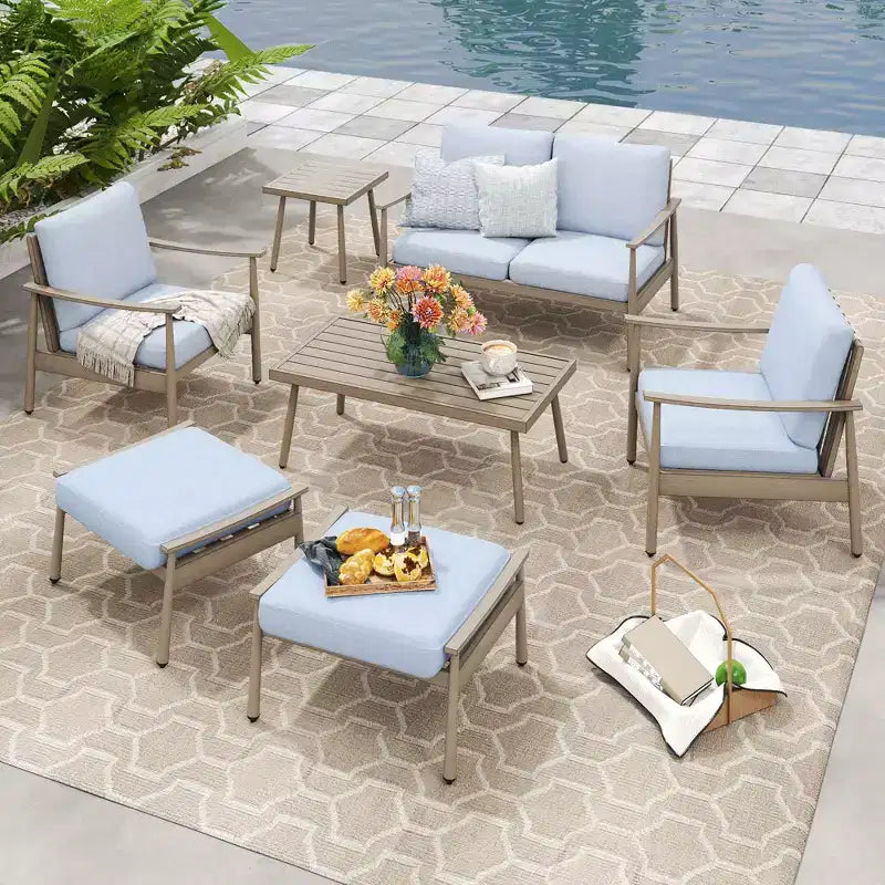 HAPPATIO 7 Pieces Aluminum Outdoor Conversation Set Includes 1 Loveseat, Coffee Table, Side Table, 2 Armchairs and Ottomans