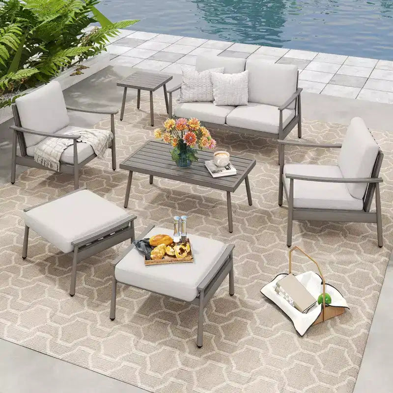 HAPPATIO 7 Pieces Aluminum Outdoor Conversation Set Includes 1 Loveseat, Coffee Table, Side Table, 2 Armchairs and Ottomans