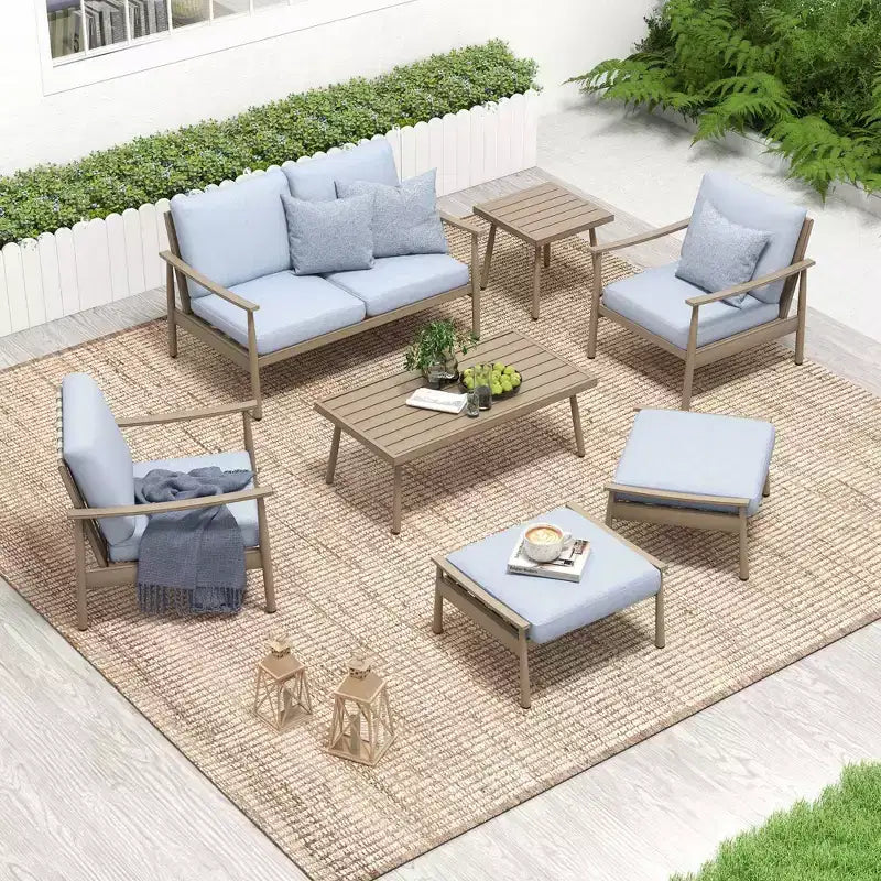HAPPATIO 7 Pieces Aluminum Outdoor Conversation Set Includes 1 Loveseat, Coffee Table, Side Table, 2 Armchairs and Ottomans