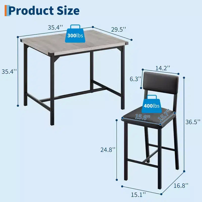 CuisinSmart Dining Table Set for 2, Kitchen Table Set with Footrest & Backrest, Counter Height Table with 2 Upholstered Bar Stools