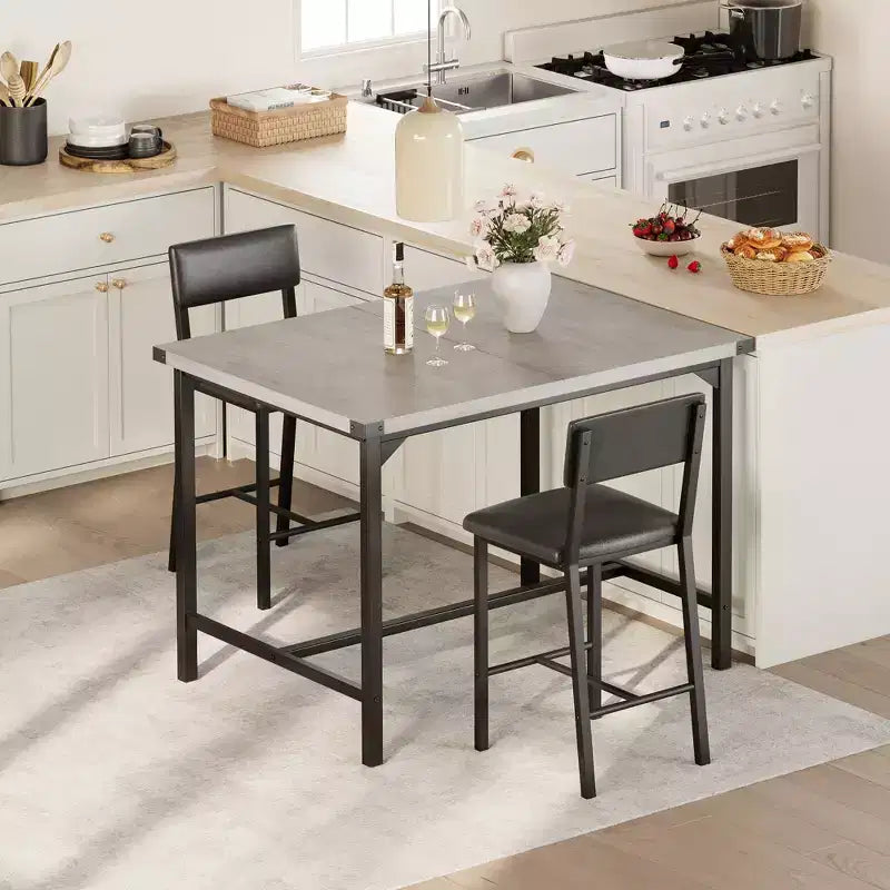 CuisinSmart Dining Table Set for 2, Kitchen Table Set with Footrest & Backrest, Counter Height Table with 2 Upholstered Bar Stools
