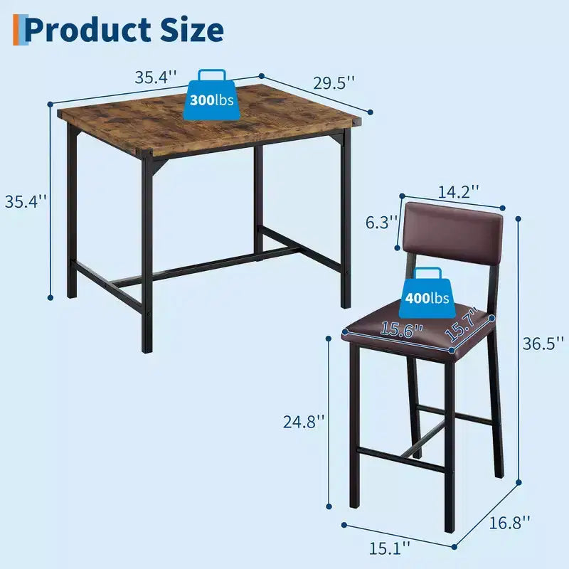 CuisinSmart Dining Table Set for 2, Kitchen Table Set with Footrest & Backrest, Counter Height Table with 2 Upholstered Bar Stools