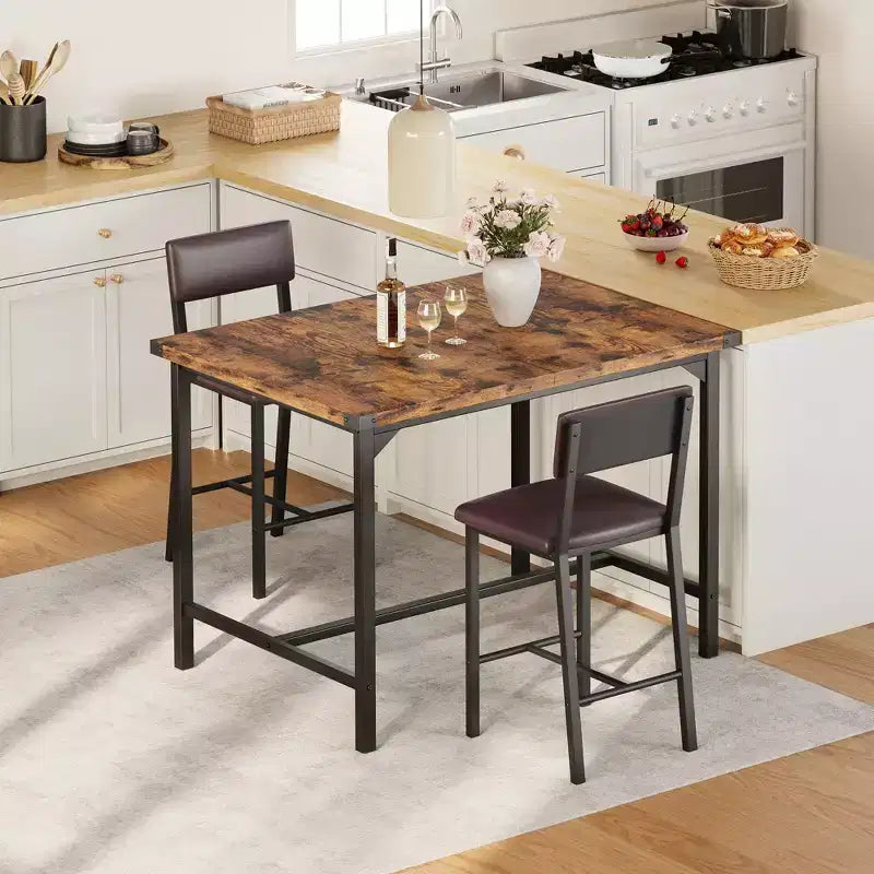 CuisinSmart Dining Table Set for 2, Kitchen Table Set with Footrest & Backrest, Counter Height Table with 2 Upholstered Bar Stools
