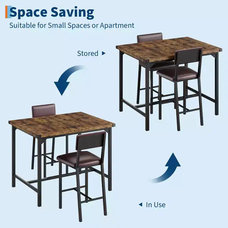 CuisinSmart Dining Table Set for 2, Kitchen Table Set with Footrest & Backrest, Counter Height Table with 2 Upholstered Bar Stools