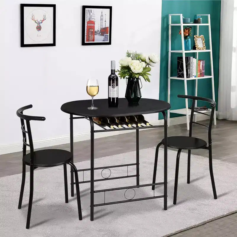 VINGLI 3 Piece Dining Set for 2,Kitchen Wooden Table and 2 Chairs for Small Space,Metal Frame,Wine Rack,Black
