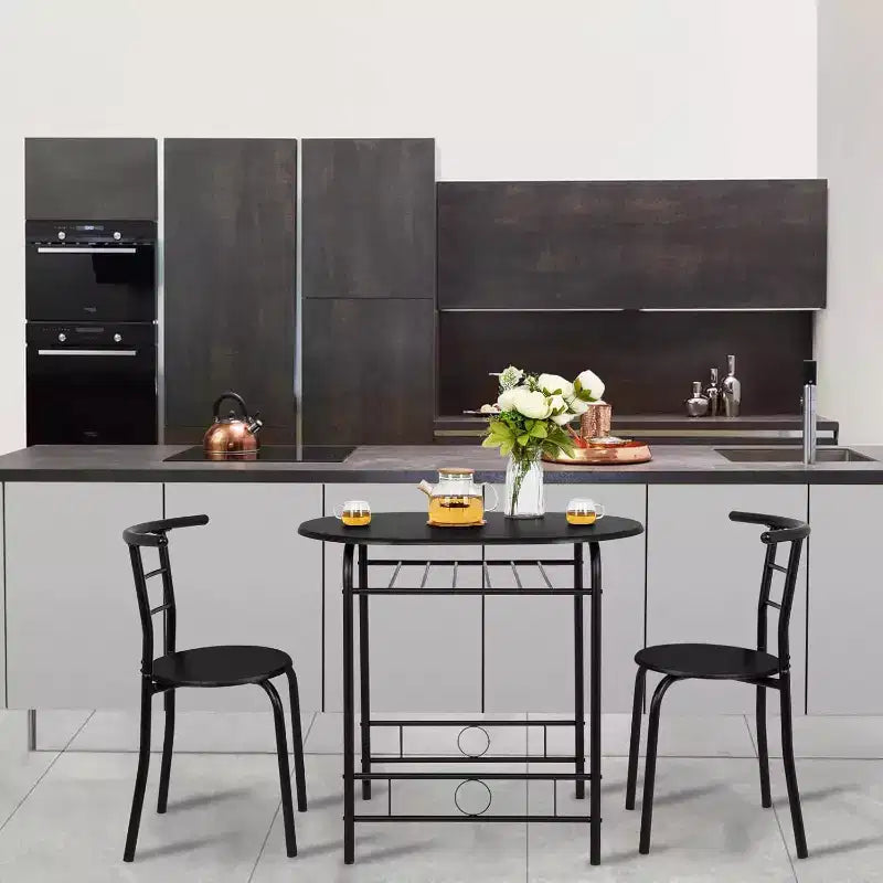 VINGLI 3 Piece Dining Set for 2,Kitchen Wooden Table and 2 Chairs for Small Space,Metal Frame,Wine Rack,Black