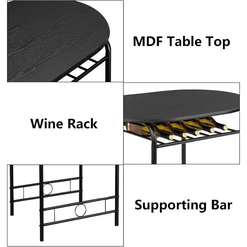 VINGLI 3 Piece Dining Set for 2,Kitchen Wooden Table and 2 Chairs for Small Space,Metal Frame,Wine Rack,Black