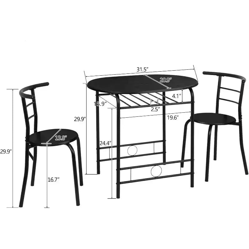 VINGLI 3 Piece Dining Set for 2,Kitchen Wooden Table and 2 Chairs for Small Space,Metal Frame,Wine Rack,Black