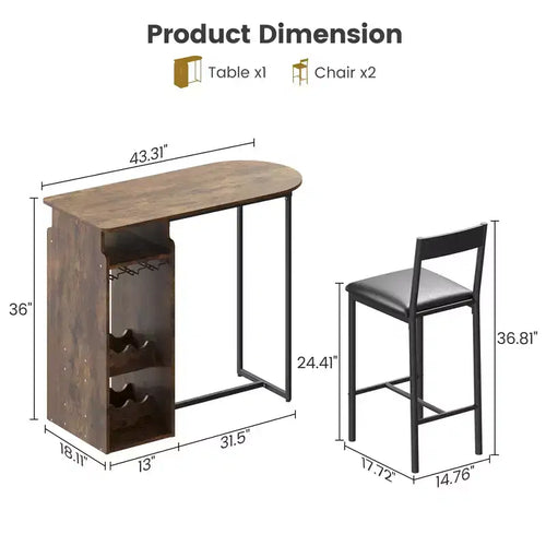 Ensemble de table de bar 3 pièces pour 2, table de cuisine hauteur comptoir avec 2 tabourets, étagères de rangement et casier à vin, ensemble table et chaises de bar pour cuisine