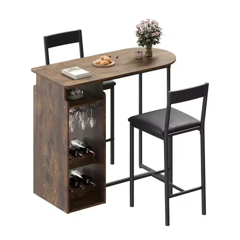 3 Piece Bar Table Set for 2, Counter Height Kitchen Table with 2 Stools & Storage Shelves & Wine Rack, Bar Table and Chair Set for Kitchen
